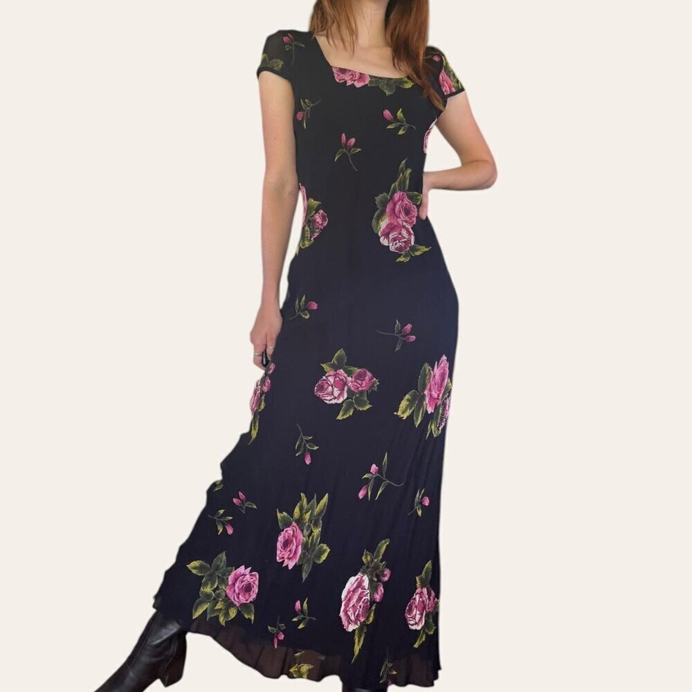 90s vintage floral chiffon square neck cap sleeve maxi dress black and pink XS/S - Picture 4 of 6